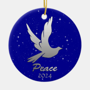 Peace Dove in Silver Grey Against a Starry Sky Ceramic Ornament