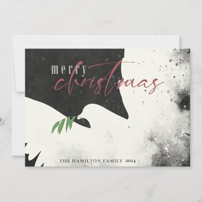 Peace Dove Merry Christmas Black Burgundy Holiday Card (Front)