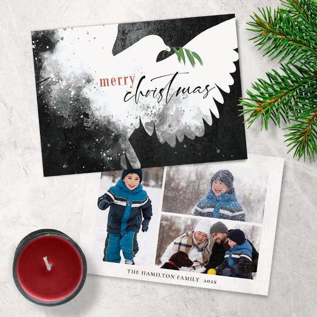 Peace Dove Photo Merry Christmas Black White Holiday Card (Creator Uploaded)
