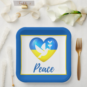 Peace Dove Ukraine Flag Heart  Paper Plate