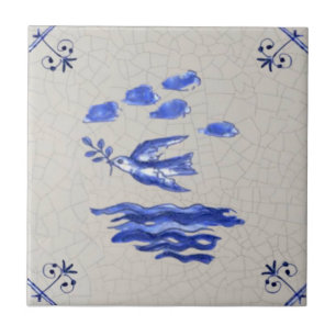 Peace Dove w/ Olive Branch Blue Delft 1600s Repro  Ceramic Tile