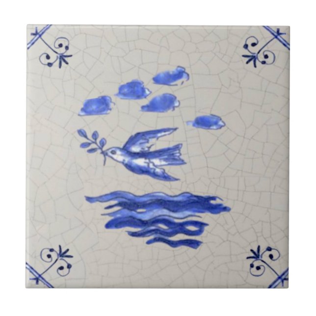 Peace Dove w/ Olive Branch Blue Delft 1600s Repro  Ceramic Tile (Front)