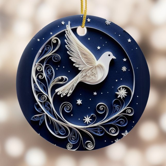 Peace Dove White Bird Faux Papercraft Christmas Ceramic Ornament (A Christmas ornament with dove of peace design, plus a greeting and custom text on the other side.)