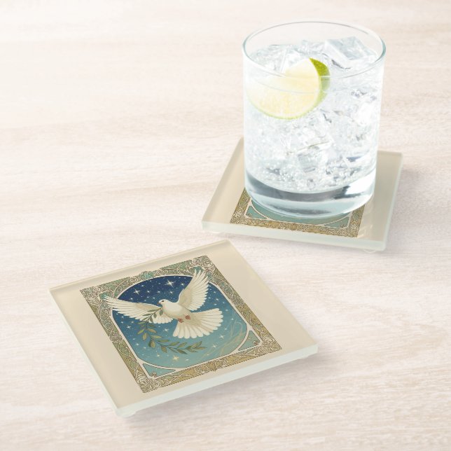 Peace Dove With Olive Sprig Decor  Glass Coaster (Angled)