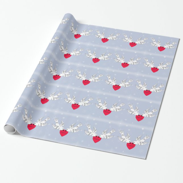 Peace Doves Heart Snowflakes Birds Wrapping Paper (Unrolled)