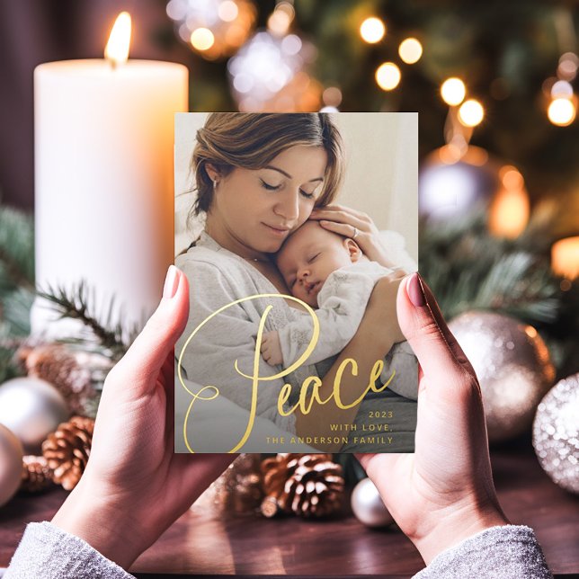 Peace | Elegant Script and Photo Christmas Foil Holiday Card (A prayer for peace this holiday season, in real gold foil)