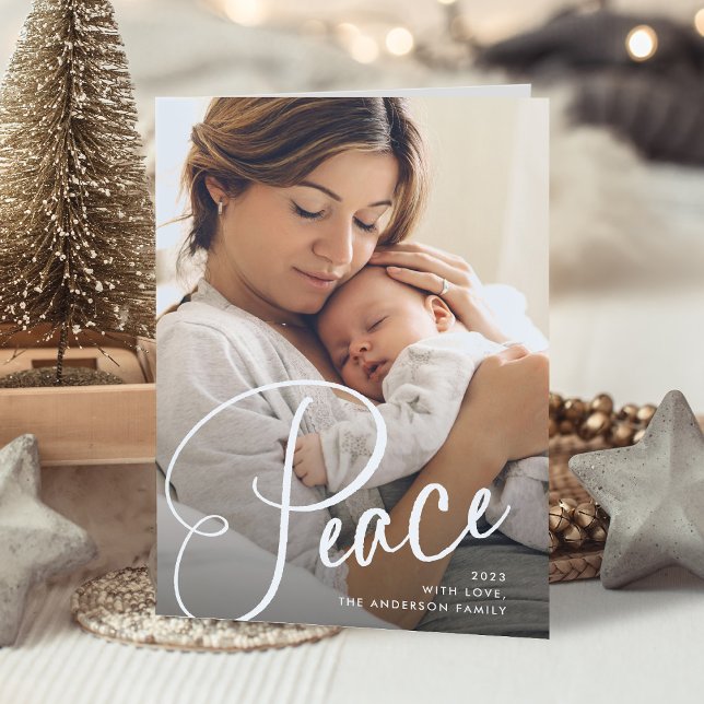 Peace | Elegant Script and Photo Christmas Holiday Card (A prayer for peace this holiday season)