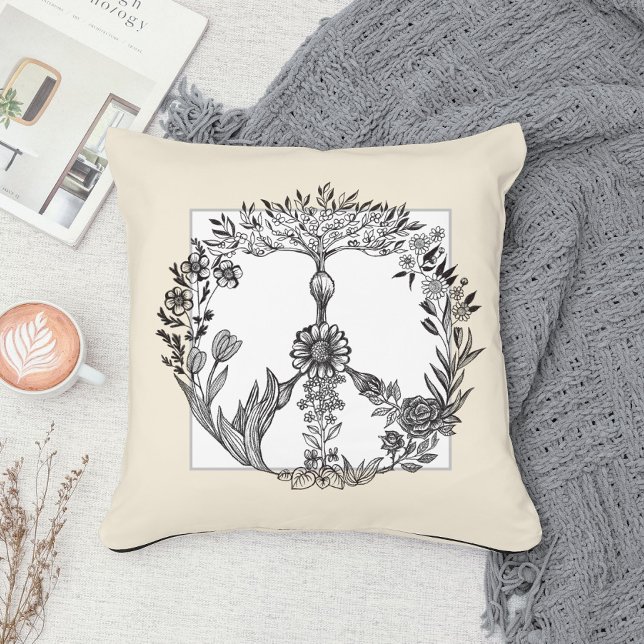 Peace Floral Drawing Cute Boho Hippie Flowers Art Cushion (Creator Uploaded)