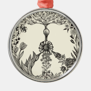 Peace Floral Drawing Cute Boho Hippie Flowers Art Metal Ornament