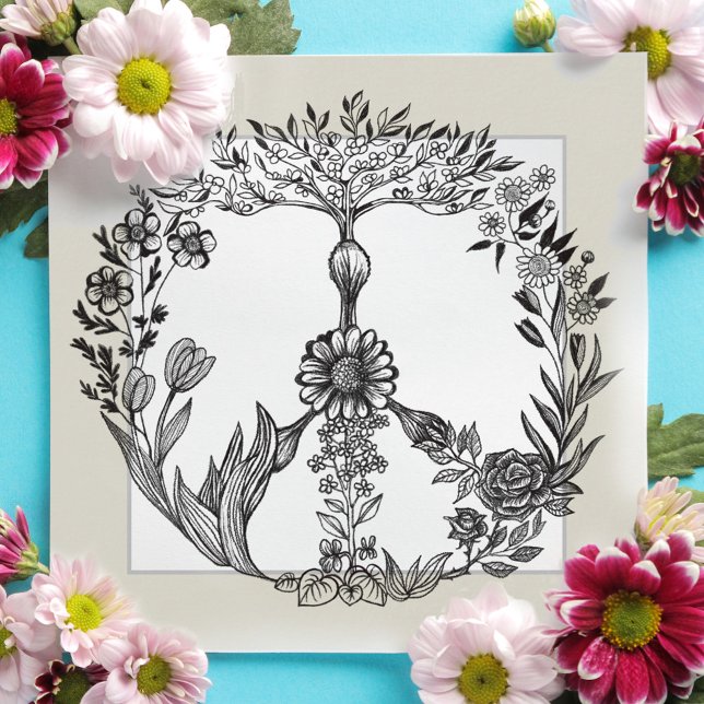 Peace Floral Drawing Cute Boho Hippie Flowers Art Thank You Card (Creator Uploaded)