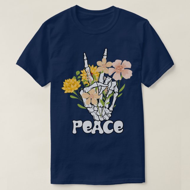 Peace Flowers And Skeleton Hand Peace Sign Retro B T-Shirt (Design Front)