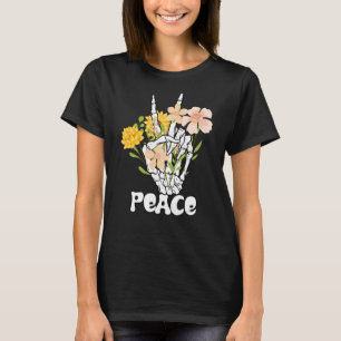 Peace Flowers And Skeleton Hand Peace Sign Retro B T-Shirt