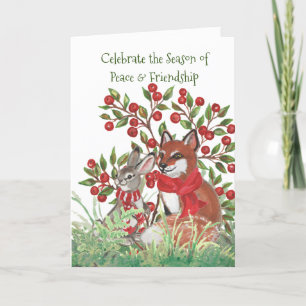 Peace Fox Bunny Winter Friends Nature Christmas Holiday Card