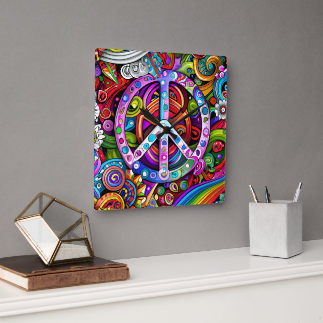 Peace Graphic Doodle Art Square Wall Clock (Office)