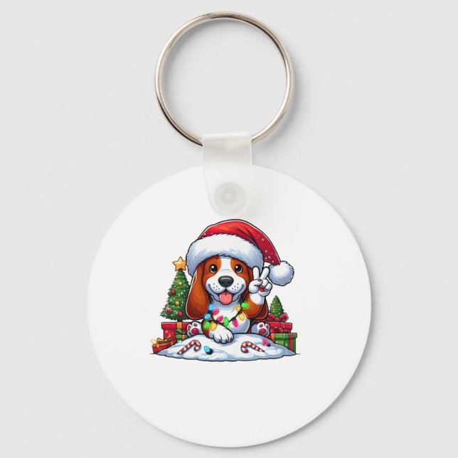 Peace Hand Basset Hound Christmas Lights Dog Women Key Ring (Front)