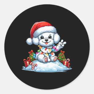 Peace Hand Bichon Frise Christmas Lights Dog Women Classic Round Sticker
