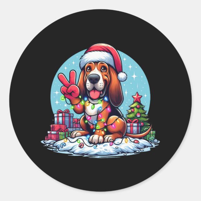 Peace Hand Bloodhound Christmas Lights Dog Womens  Classic Round Sticker (Front)