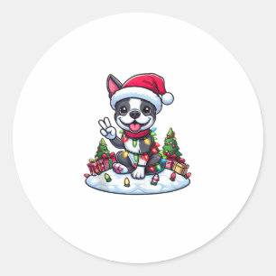 Peace Hand Boston Terrier Christmas Lights Womens Classic Round Sticker