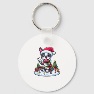 Peace Hand Boston Terrier Christmas Lights Womens Key Ring