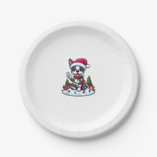 Peace Hand Boston Terrier Christmas Lights Womens Paper Plate