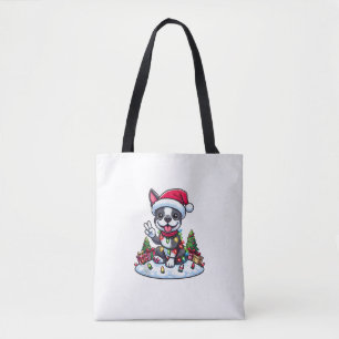 Peace Hand Boston Terrier Christmas Lights Womens Tote Bag