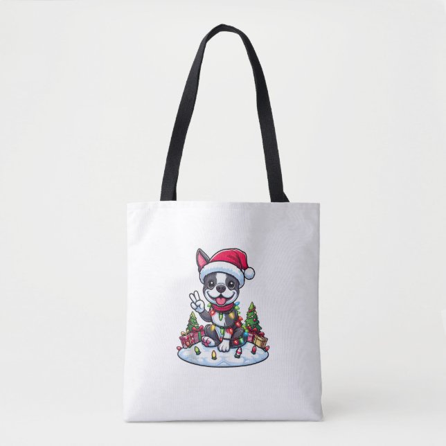 Peace Hand Boston Terrier Christmas Lights Womens  Tote Bag (Front)