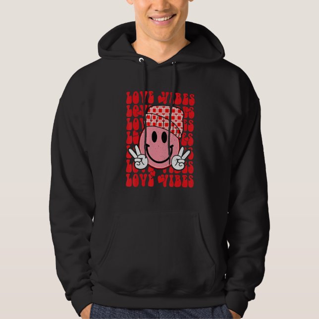 Peace Hand Sign Retro Smile Face Love Vibes Valent Hoodie (Front)