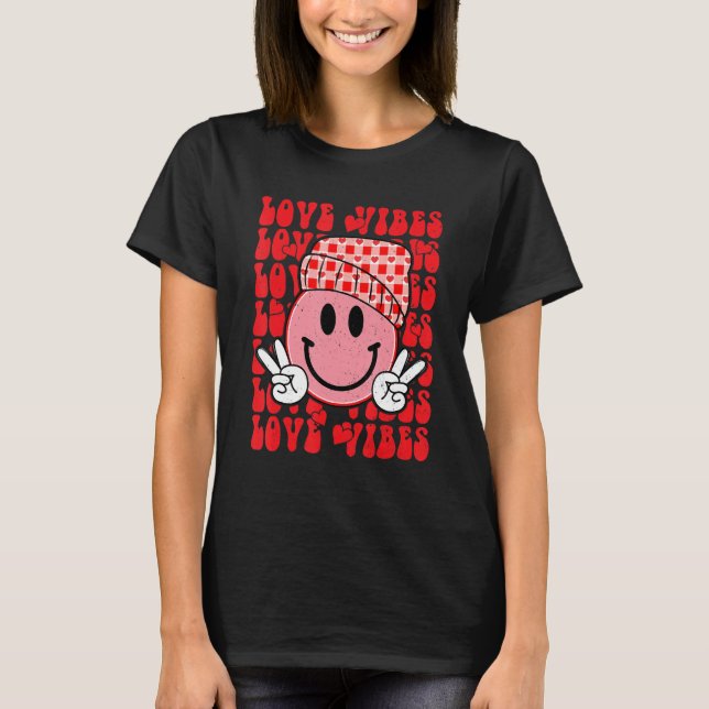 Peace Hand Sign Retro Smile Face Love Vibes Valent T-Shirt (Front)