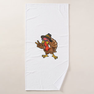 Peace Hand Sign Thankful Turkey Thanksgiving  Bath Towel