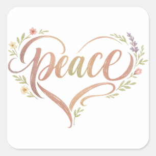 Peace Heart Boho Hand Lettered Square Sticker