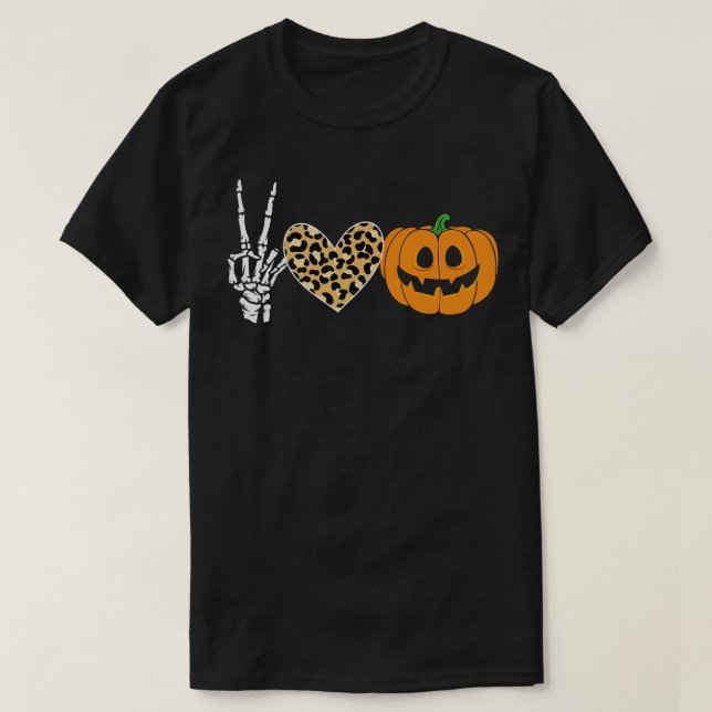 Peace Heart Love Fall Pumpkin Halloween Leopard T-Shirt (Design Front)