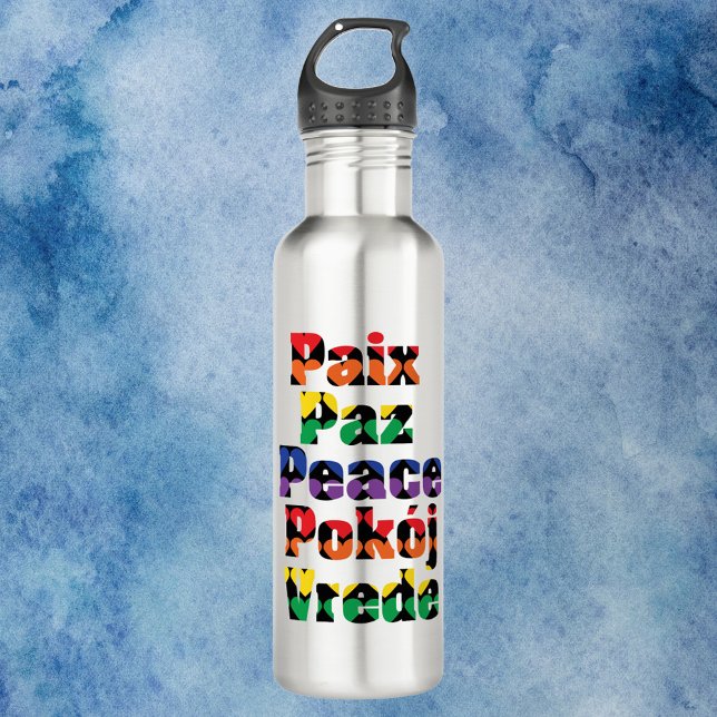 Peace Hearts Rainbow Pattern 710 Ml Water Bottle (A water bottle that says peace in a variety of languages with a rainbow heart pattern)