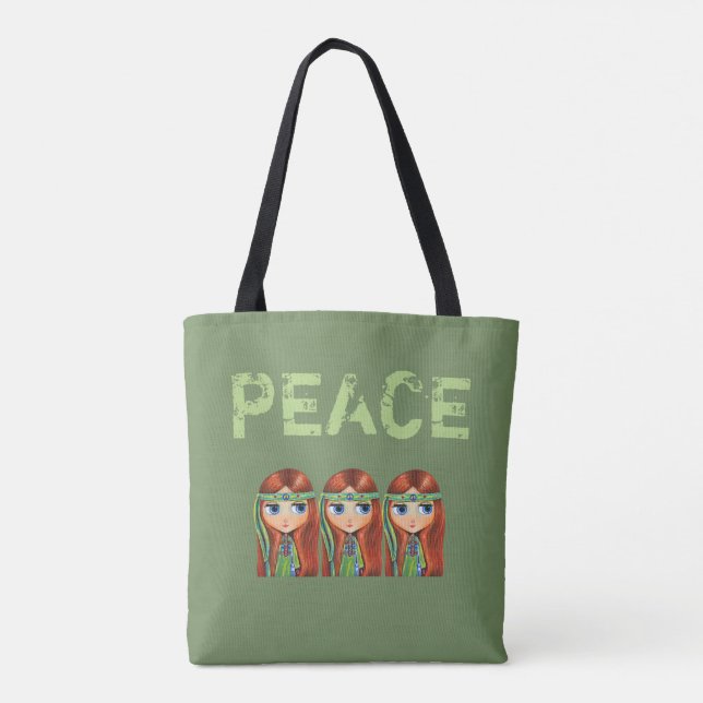 Peace Hippie Girl Chick in Green Headband 1960s Tote Bag (Back)