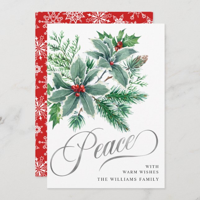 PEACE Holly Berry Branch Christmas Greeting Holiday Card (Front/Back)