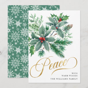 PEACE Holly Berry Branch Christmas Greeting Holiday Card