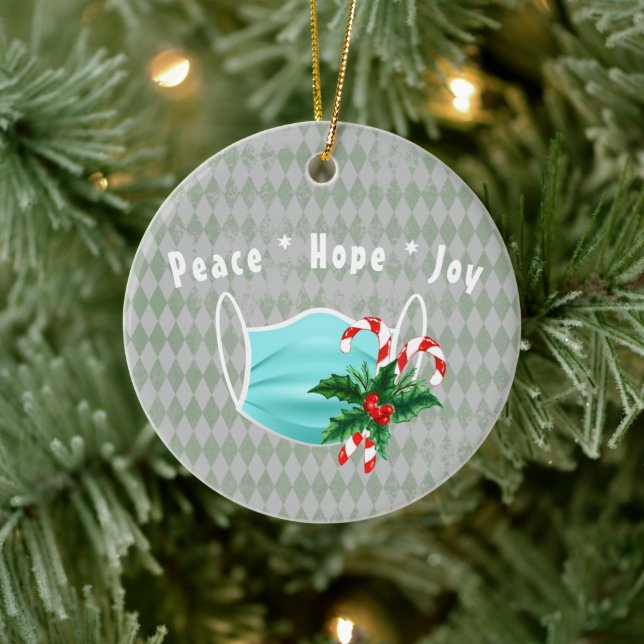 Peace Hope Joy Mask & Candy Canes II Ceramic Ornament (Tree)