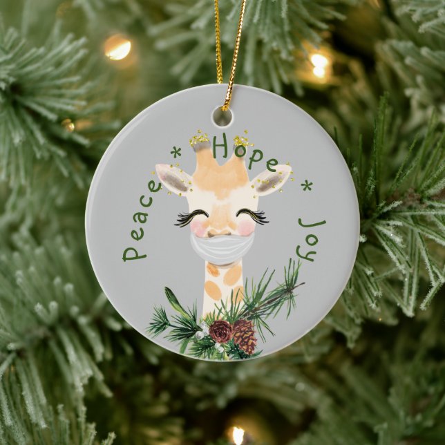 Peace Hope Joy Masked Giraffe Ceramic Ornament (Tree)