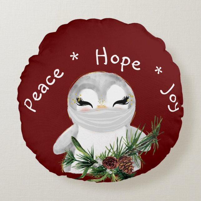 Peace Hope Joy Masked Penguin Round Cushion (Front)