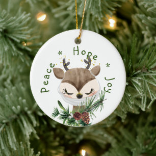 Peace Hope Joy Masked Reindeer Ceramic Ornament