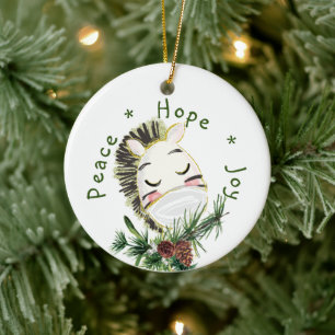 Peace Hope Joy Masked Zebra Ceramic Ornament