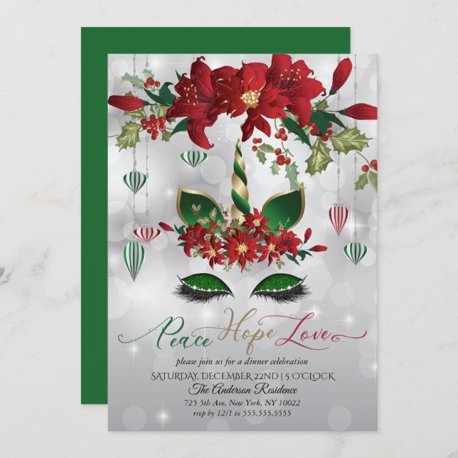Peace Hope Love Holiday Celebration  Unicorn Invitation (Front/Back)