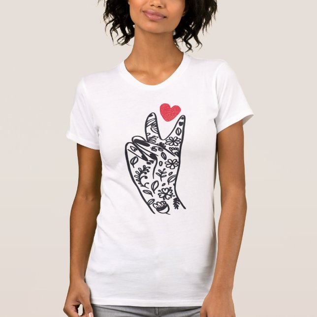 PEACE I PEACE Sign Fingers with LOVE heart  T-Shirt (Front)