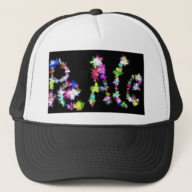 "PEACE" in Flowers Art Print Trucker Hat (Front)