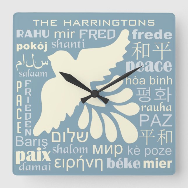PEACE in languages custom name & colour wall clock (Front)