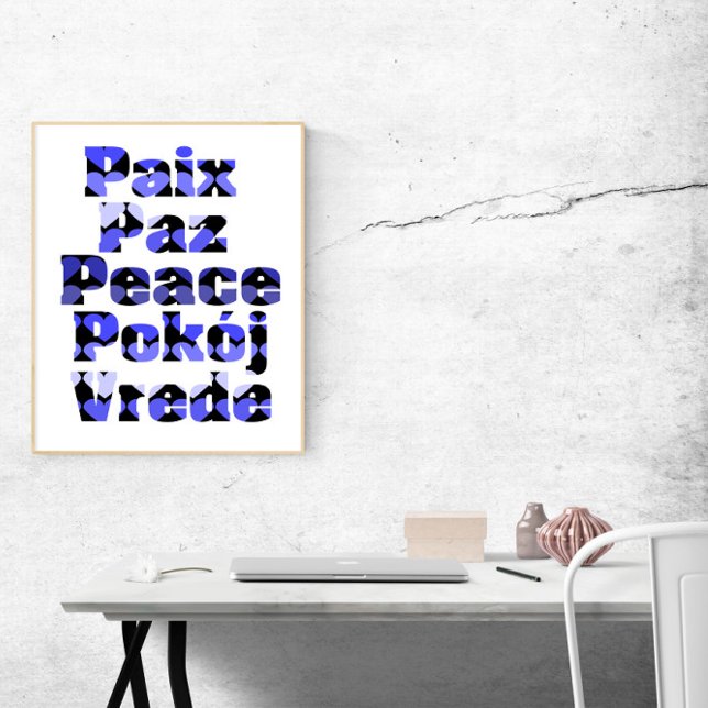 Peace in Many Languages Blue Hearts Poster (A poster that says peace with blue hearts in a variety of languages)