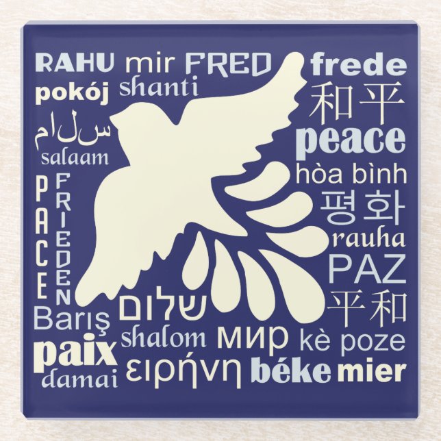 PEACE in many languages glass coaster (Front)