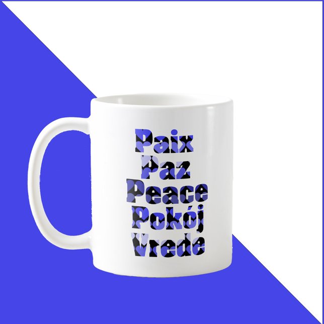 Peace in Many Languages Hearts Blue Coffee Mug (A mug that says peace in French, English, Spanish, Polish and Dutch)
