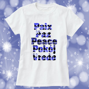 Peace in Many Languages Hearts Blue T-Shirt