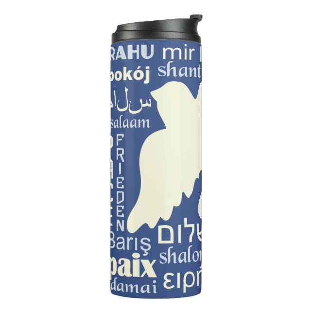 PEACE in many languages thermal tumbler (Rotated Left)