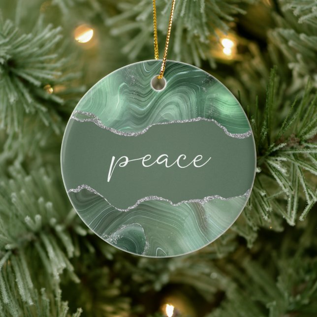 Peace Inspirational Word Sage Silver Agate Ceramic Ornament (Tree)